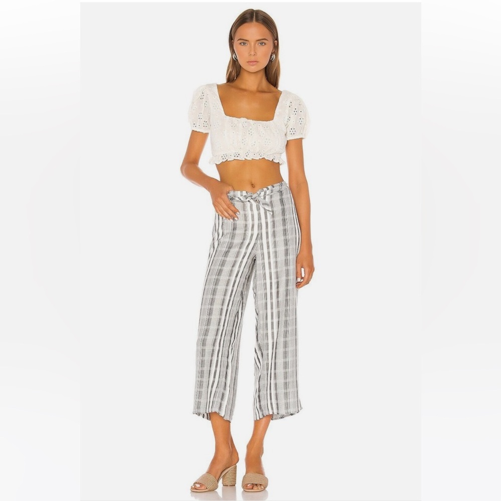 L*Space Lana Pants Wide Leg Cover Up PCH Stripe Plaid Tie Waist Gray White